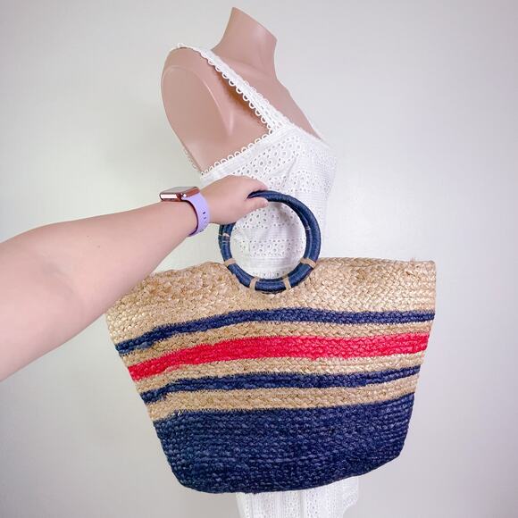 Magid Woven Jute Summer Beach Vacation Tote Satchel Large Handbag Tan Blue NWT - Picture 1 of 10